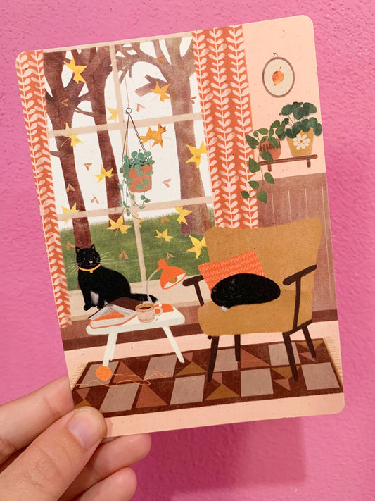 Cartolina Segnalibro Autunno Con Gatti