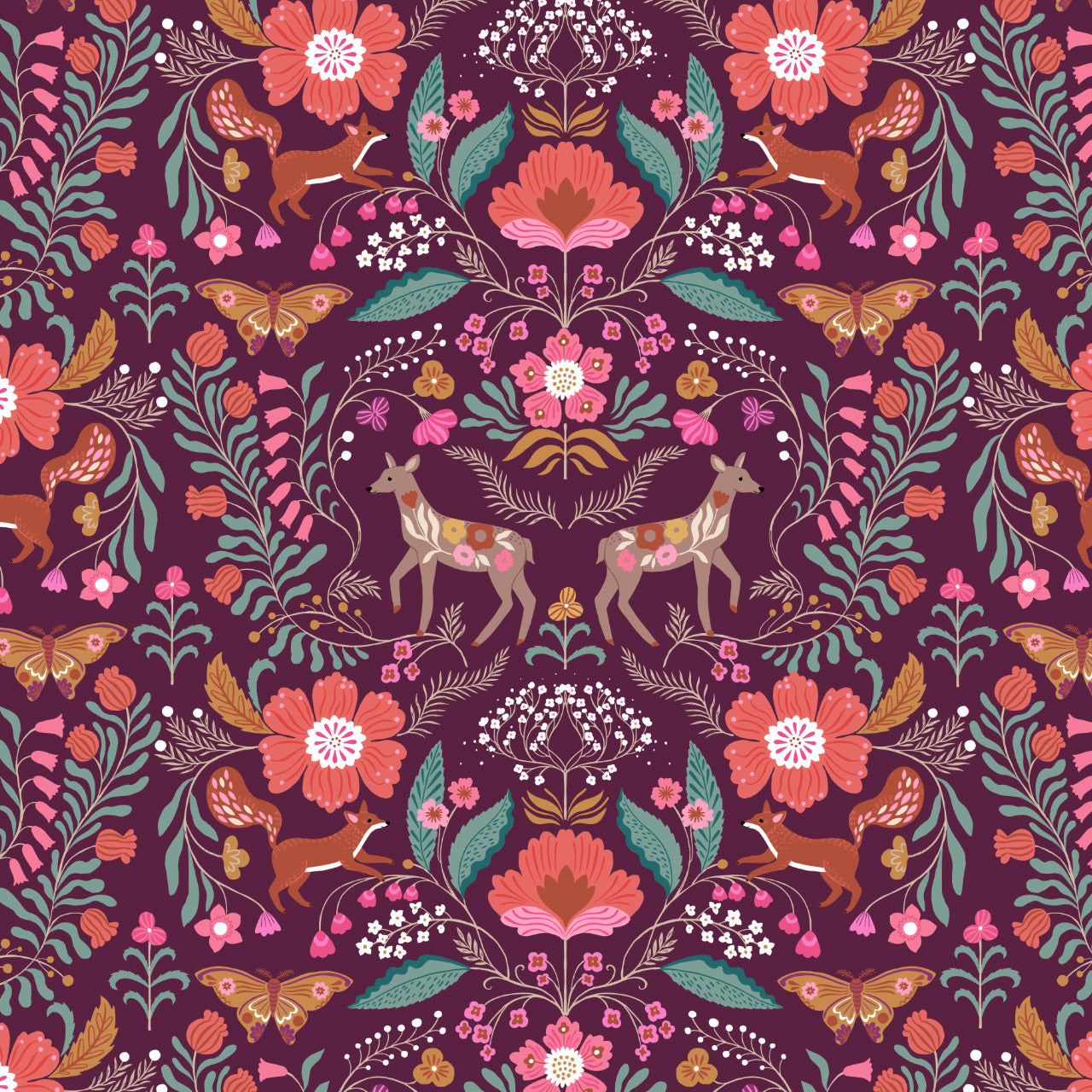 Cotone Americano Wild Folk Deer Damask